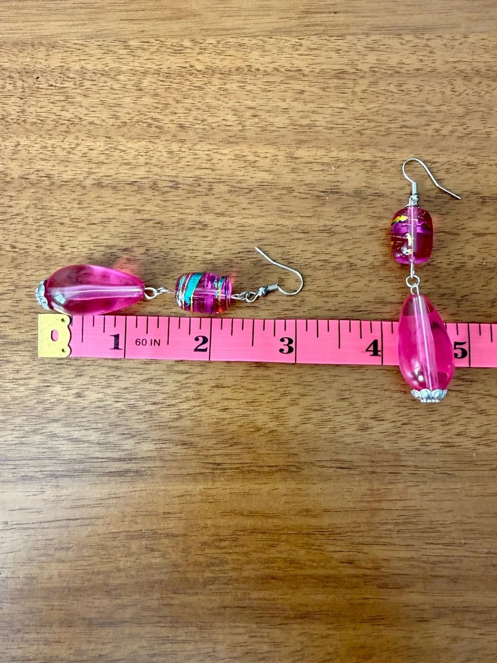 Vintage 80s Hot Pink Art Glass Lucite Drop Dangle Fish Hook Earrings Silvertone